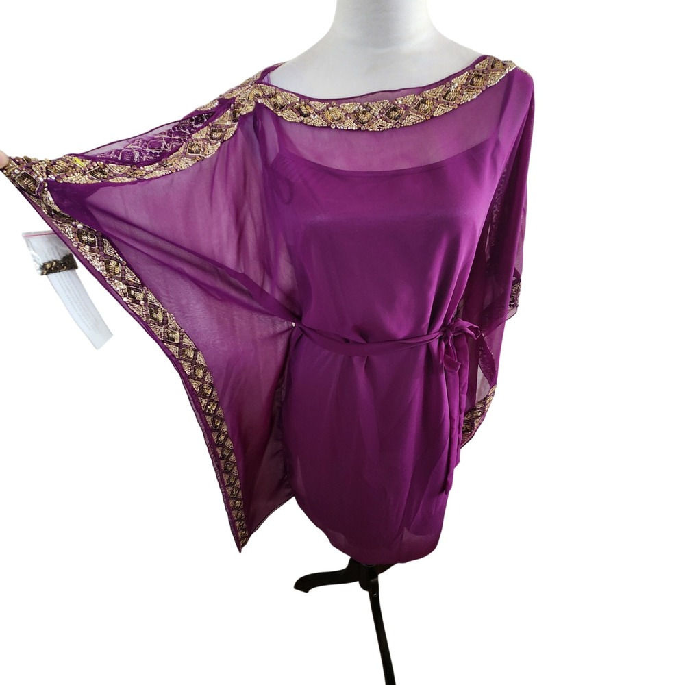 Aidan Mattox Women 8 Purple Sheer Cold Shoulder Beaded Kaftan Mini Dress NEW NWT